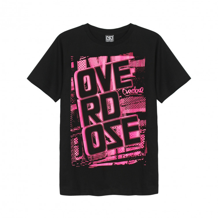 Áo thun OverDose Thái Lan màu đen in chữ OverDose trên nền hồng đậm T0044