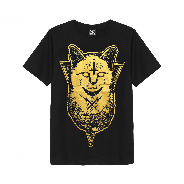 Áo thun OverDose Thái Lan màu đen in hình con mèo khắc dấu trên trán nhũ vàng T0107